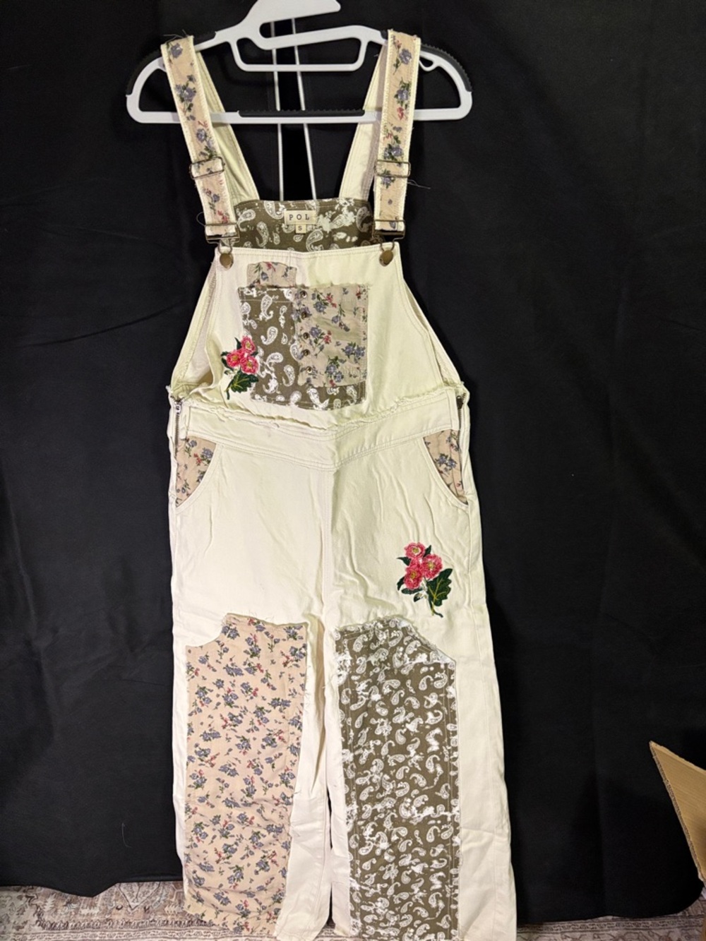 POL women’s size Small , Light Cream Overalls with Floral & Paisley Patchwork